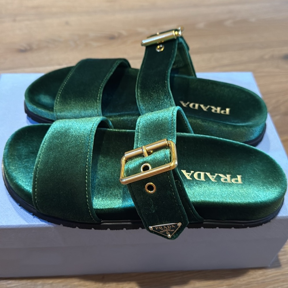 Prada Green Velvet Slide Sandals - Picture 4 of 11